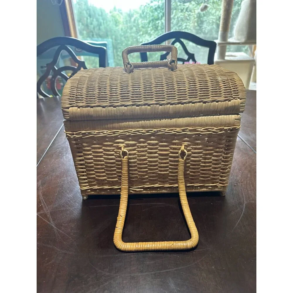 Vintage Woven Wicker Picnic Basket Large Domed Lid Storage Box Double Handles